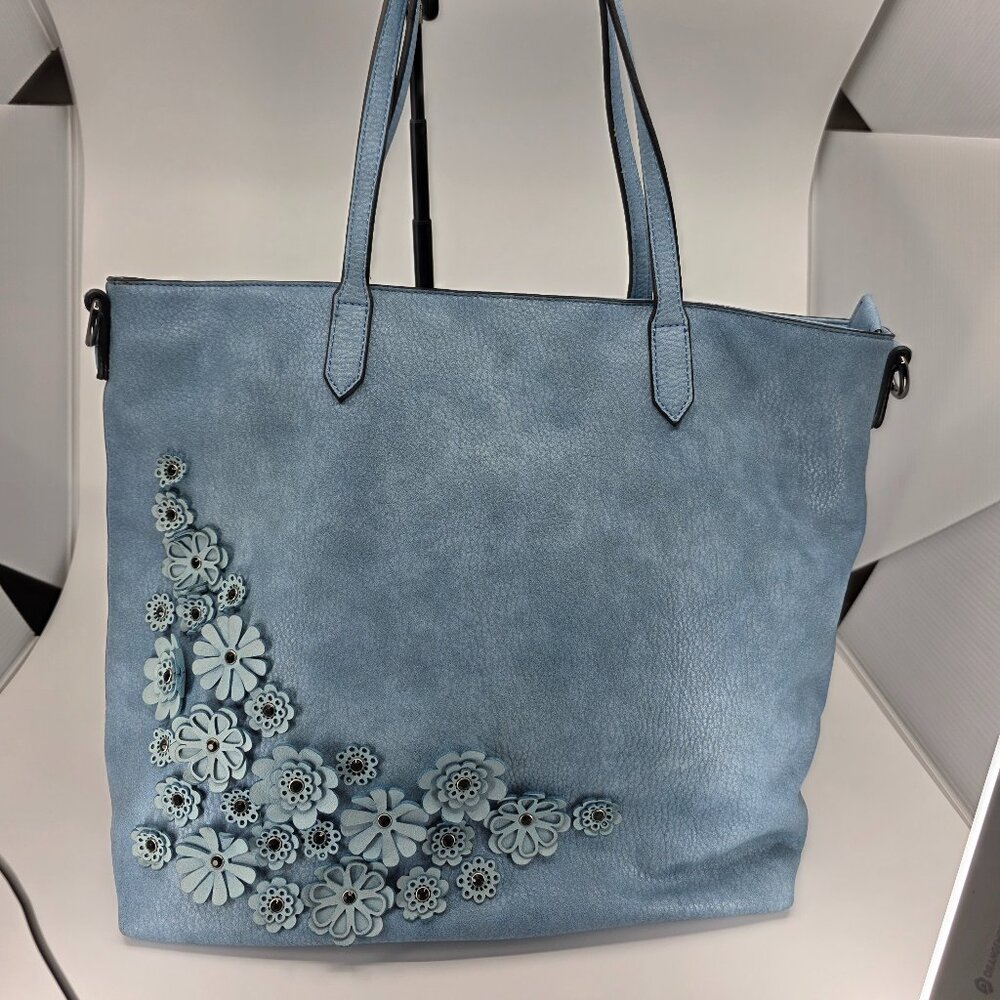 Moda Luxe Dusty Blue Vegan Suede Floral Appliqué Tote Bag